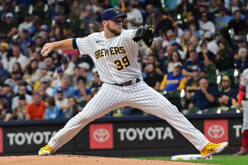 Sep 16, 2023; Milwaukee, Wisconsin, USA; Milwaukee Brewers pitcher Corbin Burnes (39) pitches against the Washington Nationals in the first inning at American Family Field. Mandatory Credit: Benny Sieu-USA TODAY Sports