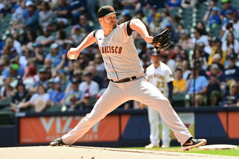 May 28, 2023; Milwaukee, Wisconsin, USA; San Francisco Giants pitcher Alex Cobb (38) pitches against the Milwaukee Brewers in the first inning at American Family Field. Mandatory Credit: Benny Sieu-USA TODAY Sports