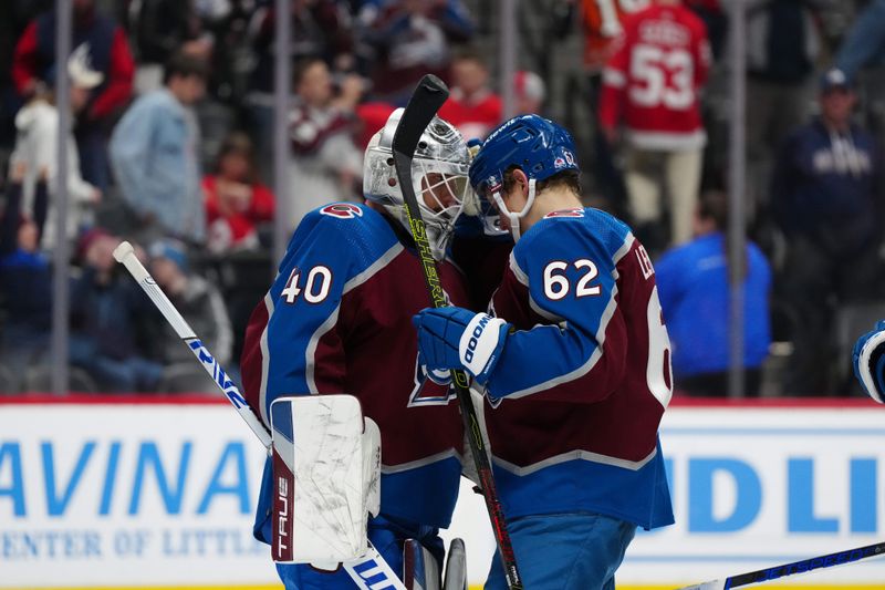 Mar 6, 2024; Denver, Colorado, USA; Colorado Avalanche goaltender Alexandar Georgiev (40) and Colorado Avalanche left wing Artturi Lehkonen (62) celebrate defeating the Detroit Red Wings at Ball Arena. Mandatory Credit: Ron Chenoy-USA TODAY Sports