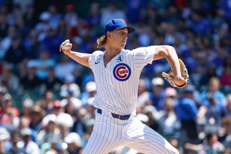 Jun 2, 2024; Chicago, Illinois, USA; Chicago Cubs starting pitcher Ben Brown (32) delivers a pitch against the Cincinnati Reds during the first inning at Wrigley Field. Mandatory Credit: Kamil Krzaczynski-USA TODAY Sports