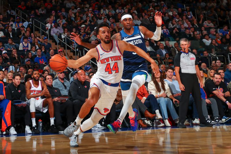 NEW YORK, NY - OCTOBER 13: Landry Shamet #44 of the New York Knicks drives to the basket during the game on October 13, 2024 at Madison Square Garden in New York City, New York.  NOTE TO USER: User expressly acknowledges and agrees that, by downloading and or using this photograph, User is consenting to the terms and conditions of the Getty Images License Agreement. Mandatory Copyright Notice: Copyright 2024 NBAE  (Photo by David L. Nemec/NBAE via Getty Images)