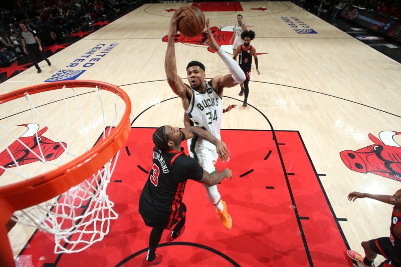 CHICAGO, IL - MARCH 1: Giannis Antetokounmpo #34 of the Milwaukee Bucks drives to the basket during the game against the Chicago Bulls on March 1, 2024 at United Center in Chicago, Illinois. NOTE TO USER: User expressly acknowledges and agrees that, by downloading and or using this photograph, User is consenting to the terms and conditions of the Getty Images License Agreement. Mandatory Copyright Notice: Copyright 2024 NBAE (Photo by Gary Dineen/NBAE via Getty Images)