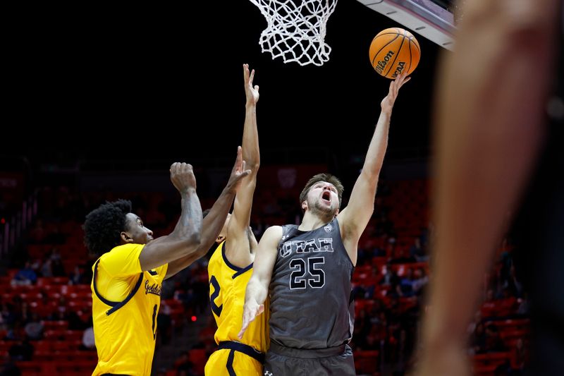 Feb 5, 2023; Salt Lake City, Utah, USA; Utah Utes guard Rollie Worster (25) shoots against California Golden Bears guard Marsalis Roberson (0) and forward Monty Bowser (2) in the second half at Jon M. Huntsman Center. Mandatory Credit: Jeffrey Swinger-USA TODAY Sports