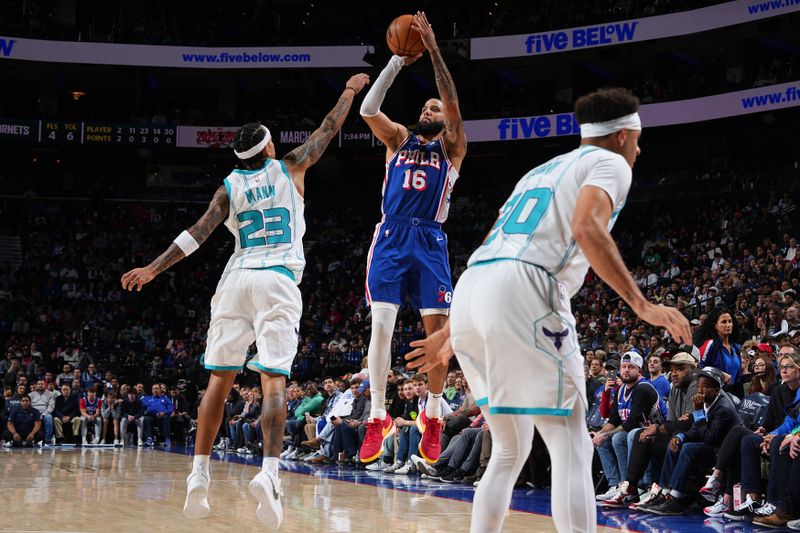 PHILADELPHIA, PA - NOVEMBER 10: Caleb Martin #16 of the Philadelphia 76ers shoots the ball during the game against the Charlotte Hornets on November 10, 2024 at the Wells Fargo Center in Philadelphia, Pennsylvania NOTE TO USER: User expressly acknowledges and agrees that, by downloading and/or using this Photograph, user is consenting to the terms and conditions of the Getty Images License Agreement. Mandatory Copyright Notice: Copyright 2024 NBAE (Photo by Jesse D. Garrabrant/NBAE via Getty Images)