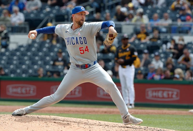 May 12, 2024; Pittsburgh, Pennsylvania, USA;  Chicago Cubs relief pitcher Colten Brewer (54) pitches against the Pittsburgh Pirates during the sixth inning at PNC Park. Mandatory Credit: Charles LeClaire-USA TODAY Sports