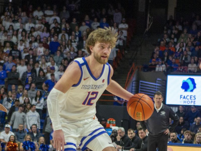 Jan 17, 2023; Boise, Idaho, USA; Boise State Broncos guard Max Rice (12) during the second half against the Nevada Wolf Pack at ExtraMile Arena. Boise State defeats Nevada 77-62. Mandatory Credit: Brian Losness-USA TODAY Sports

