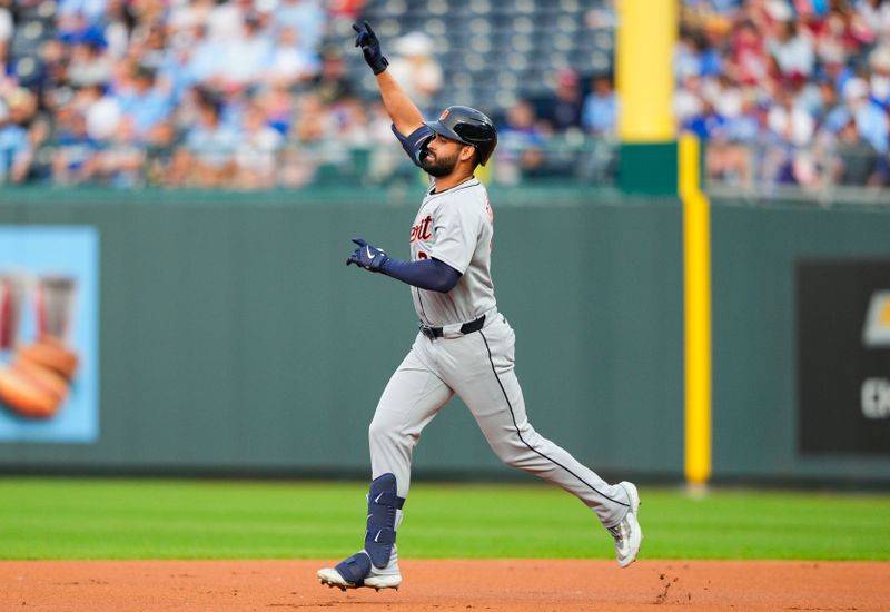 May 30, 2025; Kansas City, Missouri, USA; Detroit Tigers left fielder Riley Greene (31) rounds the bases after hitting a home run during the first inning against the Kansas City Royals at Kauffman Stadium. Mandatory Credit: Jay Biggerstaff-Imagn Images