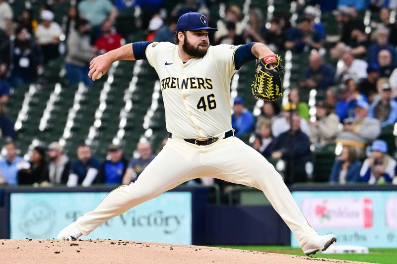 Apr 17, 2024; Milwaukee, Wisconsin, USA; Milwaukee Brewers pitcher Bryse Wilson (46) throws a pitch against the San Diego Padres in the first inning at American Family Field. Mandatory Credit: Benny Sieu-USA TODAY Sports