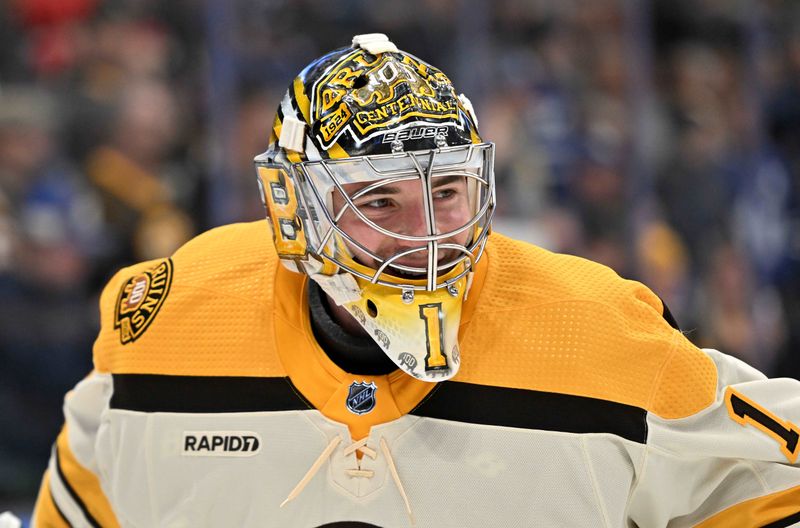 Dec 2, 2023; Toronto, Ontario, CAN; Boston Bruins goalie Jeremy Swayman (1) warms up before playing the Toronto Maple Leafs at Scotiabank Arena. Mandatory Credit: Dan Hamilton-USA TODAY Sports