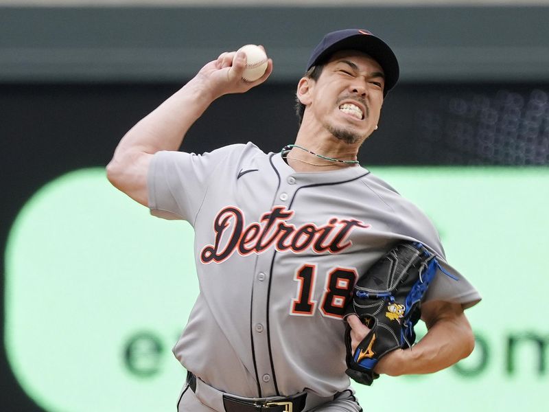 Apr 13, 2025; Minneapolis, Minnesota, USA; Detroit Tigers relief pitcher Kenta Maeda (18) throws to the Minnesota Twins in the eighth inning at Target Field. Mandatory Credit: Bruce Kluckhohn-Imagn Images