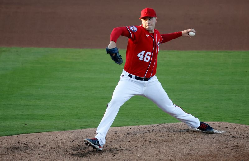 Mar 20, 2023; West Palm Beach, Florida, USA;  Washington Nationals starting pitcher Patrick Corbin (46) pitches against the New York Mets during the third inning at The Ballpark of the Palm Beaches. Mandatory Credit: Rhona Wise-USA TODAY Sports