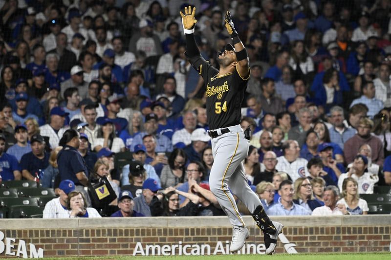 Sep 20, 2023; Chicago, Illinois, USA; hits a Pittsburgh Pirates right fielder Joshua Palacios (54) celebrates after he hits a three run home run against the Chicago Cubs during the fourth inning at Wrigley Field. Mandatory Credit: Matt Marton-USA TODAY Sports