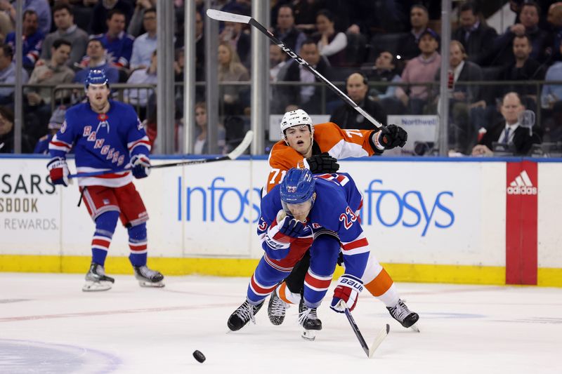 Mar 26, 2024; New York, New York, USA; New York Rangers defenseman Adam Fox (23) reacts after being hit in the face by Philadelphia Flyers right wing Tyson Foerster (71) during the second period at Madison Square Garden. Mandatory Credit: Brad Penner-USA TODAY Sports