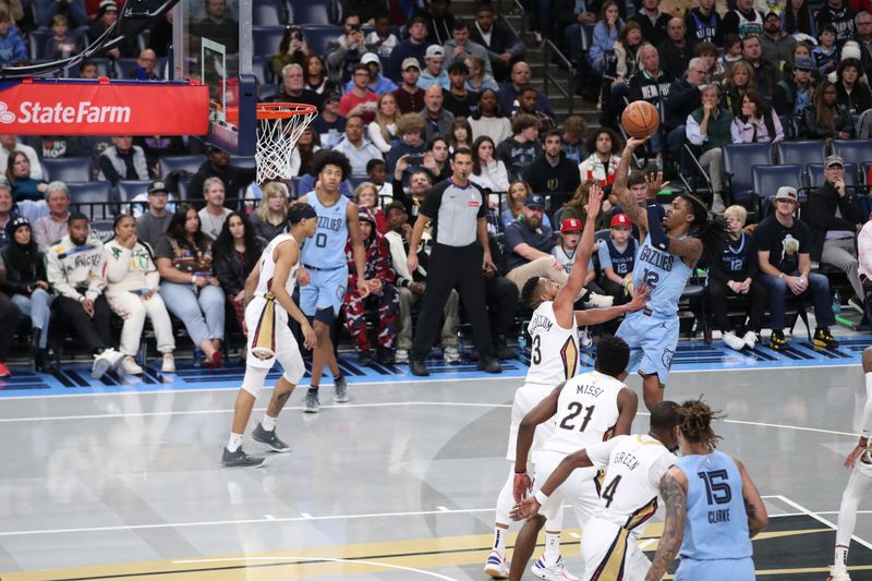 MEMPHIS, TN - NOVEMBER 29: Ja Morant #12 of the Memphis Grizzlies shoots the ball during the game against the New Orleans Pelicans during the Emirates NBA Cup game on November 29, 2024 at FedExForum in Memphis, Tennessee. NOTE TO USER: User expressly acknowledges and agrees that, by downloading and or using this photograph, User is consenting to the terms and conditions of the Getty Images License Agreement. Mandatory Copyright Notice: Copyright 2024 NBAE (Photo by Joe Murphy/NBAE via Getty Images)