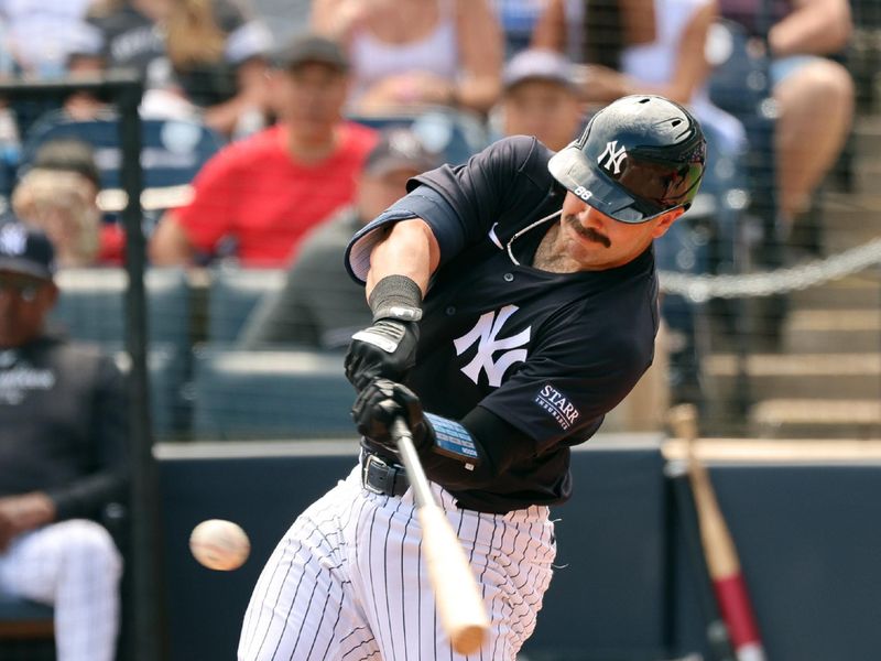 Mar 13, 2024; Tampa, Florida, USA; New York Yankees catcher Austin Wells (88) doubles during the second inning against the Boston Red Sox at George M. Steinbrenner Field. Mandatory Credit: Kim Klement Neitzel-USA TODAY Sports