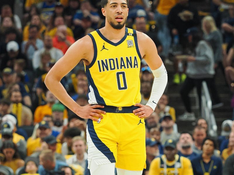 INDIANAPOLIS, IN - APRIL 28: Tyrese Haliburton #0 of the Indiana Pacers looks on during the game against the Milwaukee Bucks during Round 1 Game 4 of the 2024 NBA Playoffs on April 28, 2024 at Gainbridge Fieldhouse in Indianapolis, Indiana. NOTE TO USER: User expressly acknowledges and agrees that, by downloading and or using this Photograph, user is consenting to the terms and conditions of the Getty Images License Agreement. Mandatory Copyright Notice: Copyright 2024 NBAE (Photo by Ron Hoskins/NBAE via Getty Images)