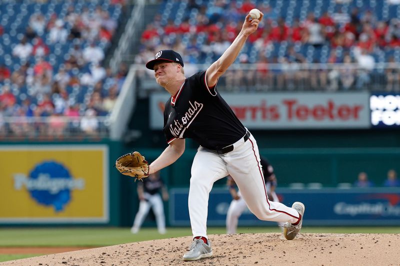 Jun 4, 2024; Washington, District of Columbia, USA; Washington Nationals starting pitcher D J Herz (74) pitches against the New York Mets during the third inning at Nationals Park. Mandatory Credit: Geoff Burke-USA TODAY Sports