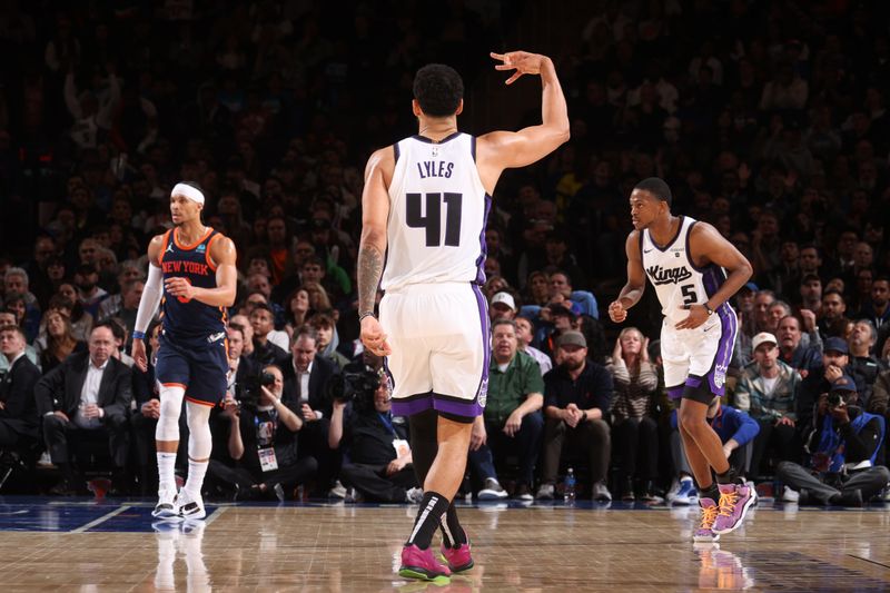 NEW YORK, NY - APRIL 4: Trey Lyles #41 of the Sacramento Kings celebrates during the game against the New York Knicks on April 4, 2024 at Madison Square Garden in New York City, New York.  NOTE TO USER: User expressly acknowledges and agrees that, by downloading and or using this photograph, User is consenting to the terms and conditions of the Getty Images License Agreement. Mandatory Copyright Notice: Copyright 2024 NBAE  (Photo by Nathaniel S. Butler/NBAE via Getty Images)