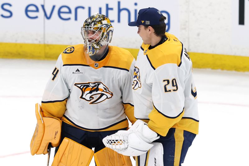 Mar 17, 2026; Winnipeg, Manitoba, CAN; Nashville Predators goaltender Juuse Saros (74) and goaltender Justus Annunen (29) celebrate their victory over the Winnipeg Jets at Canada Life Centre. Mandatory Credit: James Carey Lauder-Imagn Images