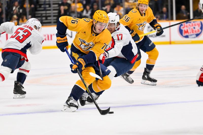Jan 11, 2026; Nashville, Tennessee, USA;  Nashville Predators defenseman Brady Skjei (76) skates with the puck against the Washington Capitals during the first period at Bridgestone Arena. Mandatory Credit: Steve Roberts-Imagn Images