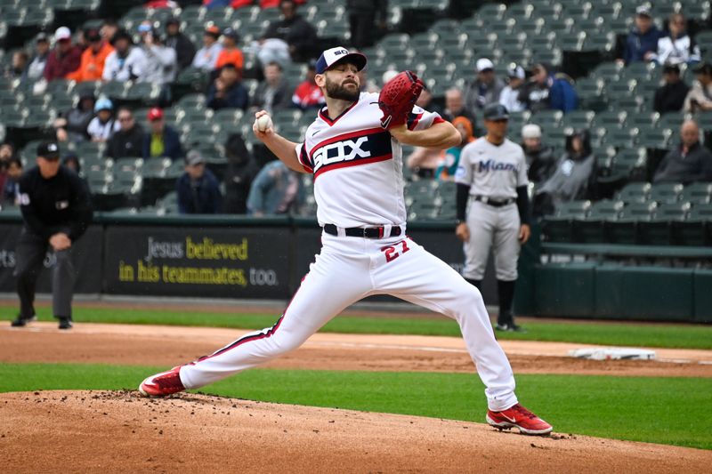 Jun 11, 2023; Chicago, Illinois, USA;  Chicago White Sox starting pitcher Lucas Giolito (27) delivers against the Miami Marlins during the first inning at Guaranteed Rate Field. Mandatory Credit: Matt Marton-USA TODAY Sports