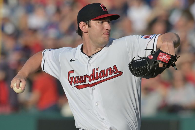 Jul 3, 2023; Cleveland, Ohio, USA; Cleveland Guardians starting pitcher Gavin Williams (63) throws a pitch during the first inning against the Atlanta Braves at Progressive Field. Mandatory Credit: Ken Blaze-USA TODAY Sports