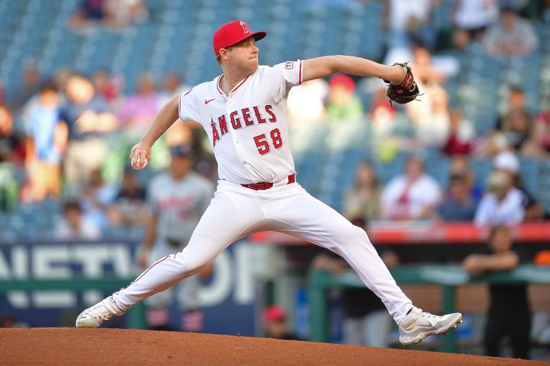 Jun 27, 2024; Anaheim, California, USA; Los Angeles Angels starting pitcher Davis Daniel (58) throws against the Detroit Tigers during the first inning at Angel Stadium. Mandatory Credit: Gary A. Vasquez-USA TODAY Sports