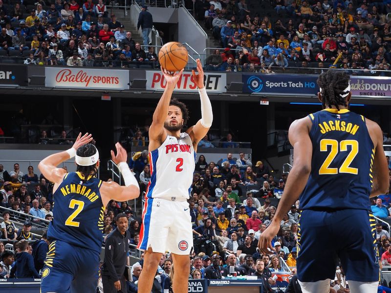 INDIANAPOLIS, IN - FEBRUARY 22:  Cade Cunningham #2 of the Detroit Pistons shoots the ball during the game  on February 22, 2024 at Gainbridge Fieldhouse in Indianapolis, Indiana. NOTE TO USER: User expressly acknowledges and agrees that, by downloading and or using this Photograph, user is consenting to the terms and conditions of the Getty Images License Agreement. Mandatory Copyright Notice: Copyright 2024 NBAE (Photo by Ron Hoskins/NBAE via Getty Images)