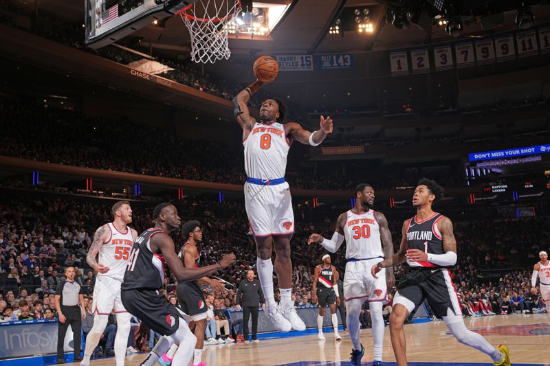 NEW YORK, NY - JANUARY 9: OG Anunoby #8 of the New York Knicks drives to the basket during the game against the Portland Trail Blazers on January 9, 2024 at Madison Square Garden in New York City, New York.  NOTE TO USER: User expressly acknowledges and agrees that, by downloading and or using this photograph, User is consenting to the terms and conditions of the Getty Images License Agreement. Mandatory Copyright Notice: Copyright 2024 NBAE  (Photo by Jesse D. Garrabrant/NBAE via Getty Images)