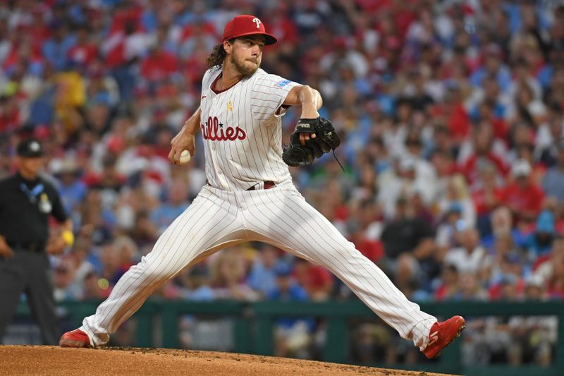 Sep 1, 2024; Philadelphia, Pennsylvania, USA; Philadelphia Phillies pitcher Aaron Nola (27) throws a pitch during the second inning against the Atlanta Braves at Citizens Bank Park. Mandatory Credit: Eric Hartline-USA TODAY Sports