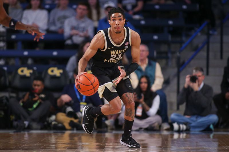 Feb 6, 2024; Atlanta, Georgia, USA; Wake Forest Demon Deacons guard Hunter Sallis (23) dribbles against the Georgia Tech Yellow Jackets in the first half at McCamish Pavilion. Mandatory Credit: Brett Davis-USA TODAY Sports