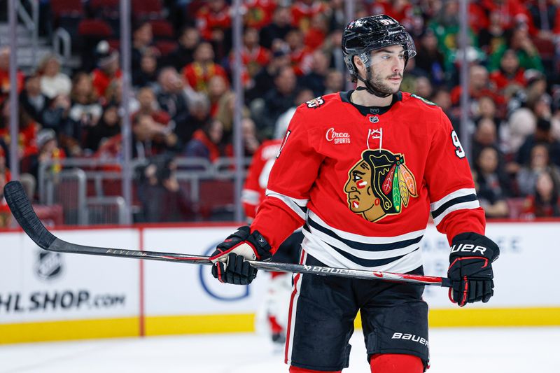 Nov 18, 2025; Chicago, Illinois, USA; Chicago Blackhawks center Frank Nazar (91) looks on during the first period at United Center. Mandatory Credit: Kamil Krzaczynski-Imagn Images
