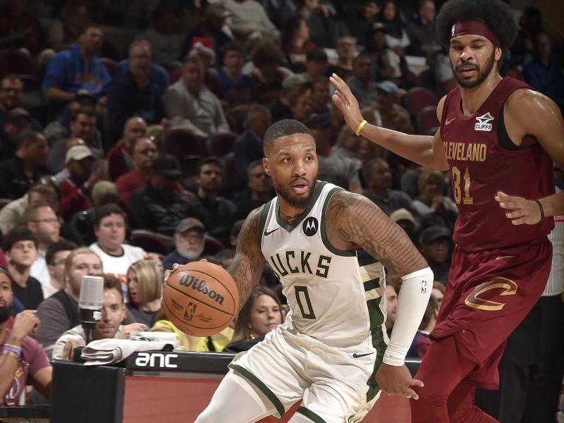 CLEVELAND, OH - NOVEMBER 4: Damian Lillard #0 of the Milwaukee Bucks handles the ball during the game against the Cleveland Cavaliers on November 4, 2024 at Rocket Mortgage FieldHouse in Cleveland, Ohio. NOTE TO USER: User expressly acknowledges and agrees that, by downloading and/or using this Photograph, user is consenting to the terms and conditions of the Getty Images License Agreement. Mandatory Copyright Notice: Copyright 2024 NBAE (Photo by David Liam Kyle/NBAE via Getty Images)