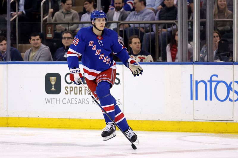 Mar 26, 2024; New York, New York, USA; New York Rangers defenseman Brandon Scanlin (58) skates against the Philadelphia Flyers during the first period at Madison Square Garden. Mandatory Credit: Brad Penner-USA TODAY Sports