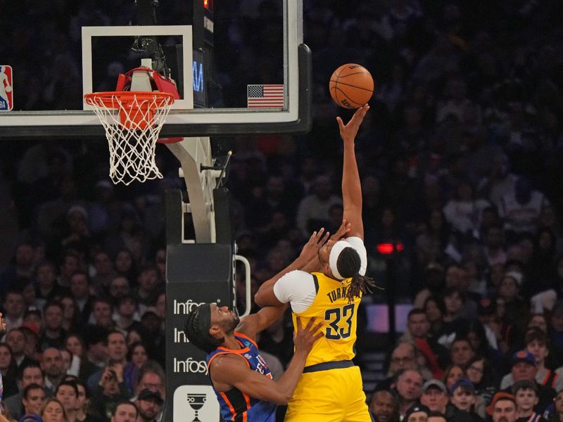 NEW YORK, NY - FEBRUARY 10: Myles Turner #33 of the Indiana Pacers drives to the basket during the game against the New York Knicks on February 10, 2024 at Madison Square Garden in New York City, New York.  NOTE TO USER: User expressly acknowledges and agrees that, by downloading and or using this photograph, User is consenting to the terms and conditions of the Getty Images License Agreement. Mandatory Copyright Notice: Copyright 2024 NBAE  (Photo by Jesse D. Garrabrant/NBAE via Getty Images)