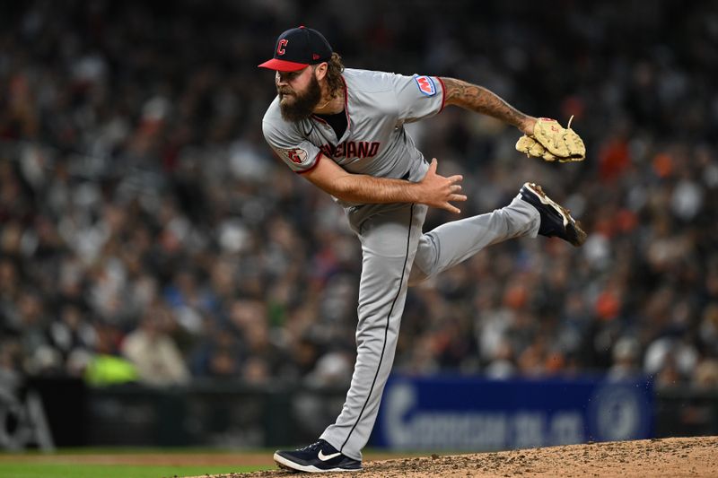 May 23, 2025; Detroit, Michigan, USA; Cleveland Guardians pitcher Hunter Gaddis (33) throws a pitch against the Detroit Tigers in the seventh inning at Comerica Park. Mandatory Credit: Lon Horwedel-Imagn Images