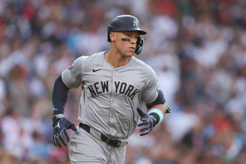 Jul 30, 2024; Philadelphia, Pennsylvania, USA; New York Yankees outfielder Aaron Judge (99) runs the bases after hitting a single during the first inning against the Philadelphia Phillies at Citizens Bank Park. Mandatory Credit: Bill Streicher-USA TODAY Sports