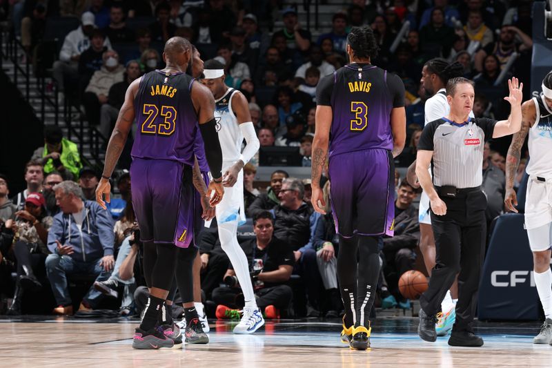 MINNEAPOLIS, MN -  DECEMBER 2: /LeBron James #23 and Anthony Davis #3 of the Los Angeles Lakers look on during the game against the Minnesota Timberwolves on December 2, 2024 at Target Center in Minneapolis, Minnesota. NOTE TO USER: User expressly acknowledges and agrees that, by downloading and or using this Photograph, user is consenting to the terms and conditions of the Getty Images License Agreement. Mandatory Copyright Notice: Copyright 2024 NBAE (Photo by David Sherman/NBAE via Getty Images)