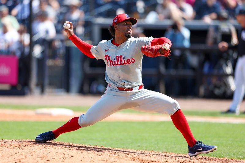 Mar 18, 2024; Tampa, Florida, USA;  Philadelphia Phillies pitcher Ricardo Pinto (51) throws a pitch against the New York Yankees in the sixth inning at George M. Steinbrenner Field. Mandatory Credit: Nathan Ray Seebeck-USA TODAY Sports