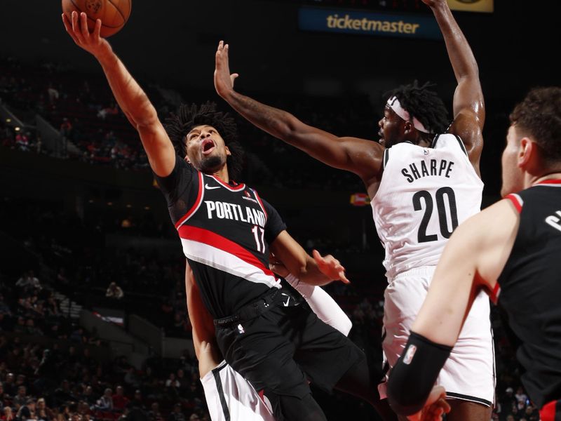 PORTLAND, OR - JANUARY 14: Shaedon Sharpe #17 of the Portland Trail Blazers drives to the basket during the game against the Brooklyn Nets on January 14, 2025 at the Moda Center Arena in Portland, Oregon. NOTE TO USER: User expressly acknowledges and agrees that, by downloading and or using this photograph, user is consenting to the terms and conditions of the Getty Images License Agreement. Mandatory Copyright Notice: Copyright 2025 NBAE (Photo by Cameron Browne/NBAE via Getty Images)