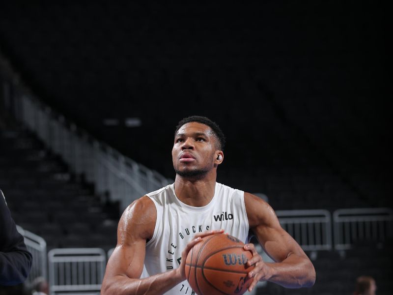 MILWAUKEE, WI - NOVEMBER 12:   Giannis Antetokounmpo #34 of the Milwaukee Bucks during pregame against the Toronto Raptors during the Emirates NBA Cup game on November 12, 2024 at Fiserv Forum Center in Milwaukee, Wisconsin. NOTE TO USER: User expressly acknowledges and agrees that, by downloading and or using this Photograph, user is consenting to the terms and conditions of the Getty Images License Agreement. Mandatory Copyright Notice: Copyright 2024 NBAE (Photo by Gary Dineen/NBAE via Getty Images).