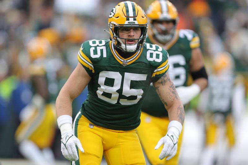 Green Bay Packers tight end Tucker Kraft (85) prior to an NFL football game against the Chicago Bears, Sunday, Jan. 07, 2024, in Green Bay. (AP Photo/Melissa Tamez)