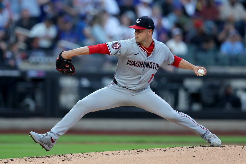 Jun 10, 2025; New York City, New York, USA; Washington Nationals starting pitcher MacKenzie Gore (1) pitches against the New York Mets during the first inning at Citi Field. Mandatory Credit: Brad Penner-Imagn Images