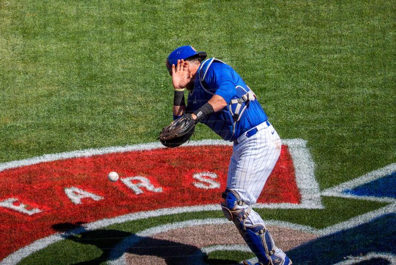 Mar 22, 2024; Mesa, Arizona, USA; Chicago Cubs catcher Yan Gomes (15) reacts to the sun after missing a high foul ball in the third inning during a spring training game against the San Francisco Giants at Sloan Park. Mandatory Credit: Allan Henry-USA TODAY Sports