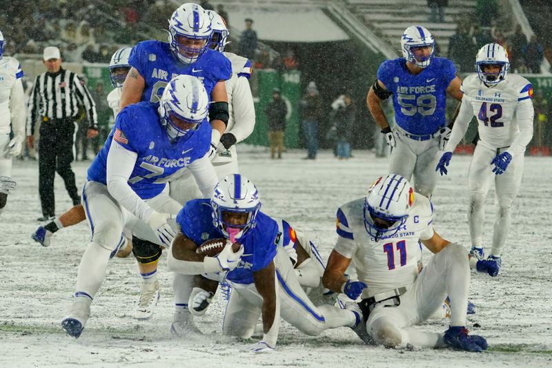 Oct 28, 2023; Fort Collins, Colorado, USA;  Air Force Falcons fullback Emmanuel Michel (4) carries the ball again against the Colorado State Rams  at Sonny Lubick Field at Canvas Stadium. Mandatory Credit: Michael Madrid-USA TODAY Sports