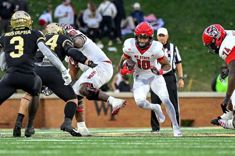 Nov 11, 2023; Winston-Salem, North Carolina, USA; North Carolina State Wolfpack wide receiver Kevin Concepcion (10) runs the ball against the Wake Forest Demon Deacons during the second half at Allegacy Federal Credit Union Stadium. Mandatory Credit: William Howard-USA TODAY Sports