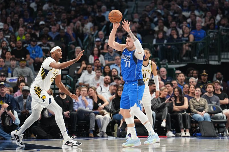 DALLAS, TX - MARCH 5: Luka Doncic #77 of the Dallas Mavericks passes the ball during the game against the Indiana Pacers on March 5, 2024 at the American Airlines Center in Dallas, Texas. NOTE TO USER: User expressly acknowledges and agrees that, by downloading and or using this photograph, User is consenting to the terms and conditions of the Getty Images License Agreement. Mandatory Copyright Notice: Copyright 2024 NBAE (Photo by Glenn James/NBAE via Getty Images)