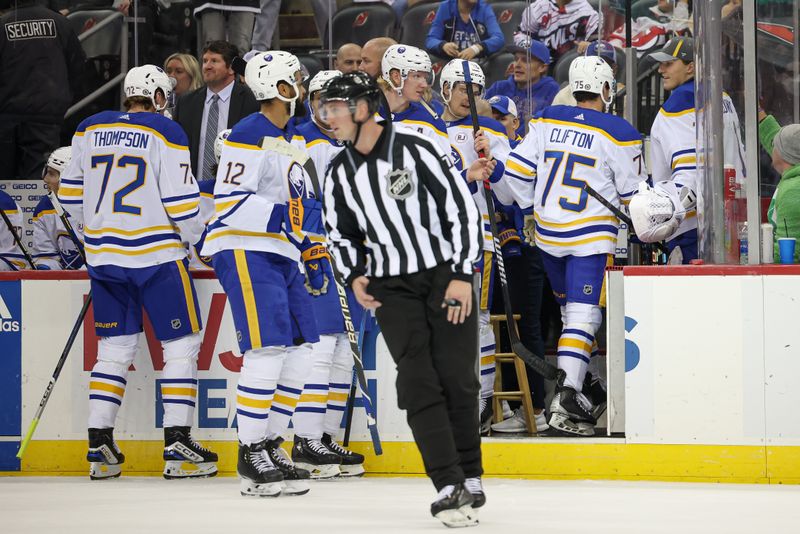 Oct 27, 2023; Newark, New Jersey, USA; Buffalo Sabres defenseman Connor Clifton (75) leaves the ice after being ejected during the first period against the New Jersey Devils at Prudential Center. Mandatory Credit: Vincent Carchietta-USA TODAY Sports