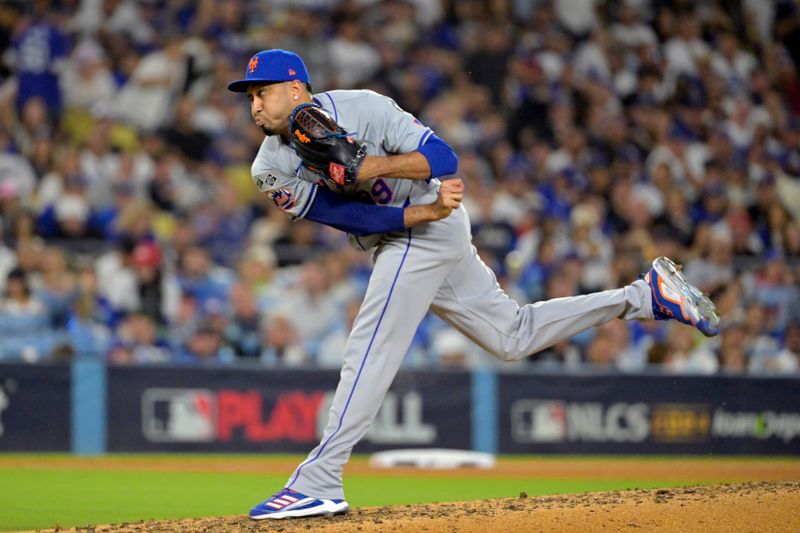 Oct 20, 2024; Los Angeles, California, USA; New York Mets pitcher Edwin Diaz (39) pitches in the fourth inning against the Los Angeles Dodgers during game six of the NLCS for the 2024 MLB playoffs at Dodger Stadium. Mandatory Credit: Jayne Kamin-Oncea-Imagn Images