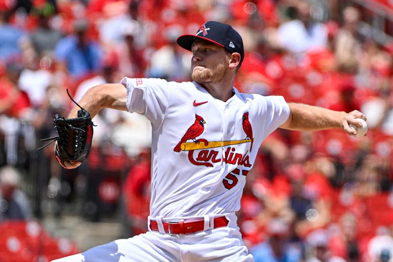 Aug 6, 2023; St. Louis, Missouri, USA;  St. Louis Cardinals starting pitcher Zack Thompson (57) pitches against the Colorado Rockies during the second inning at Busch Stadium. Mandatory Credit: Jeff Curry-USA TODAY Sports